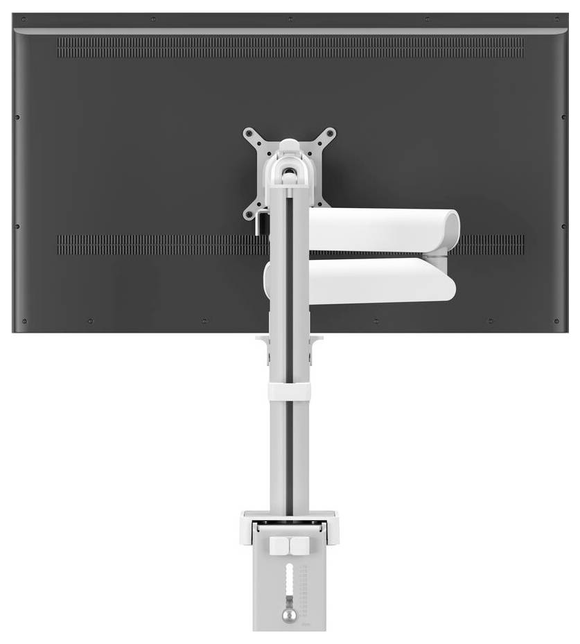 A dual monitor stand with a sleek design supports two screens. It features adjustable arms and a sturdy base for efficient workspace organization.