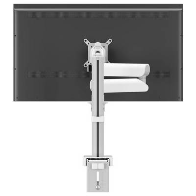 A dual monitor stand with a sleek design supports two screens. It features adjustable arms and a sturdy base for efficient workspace organization.
