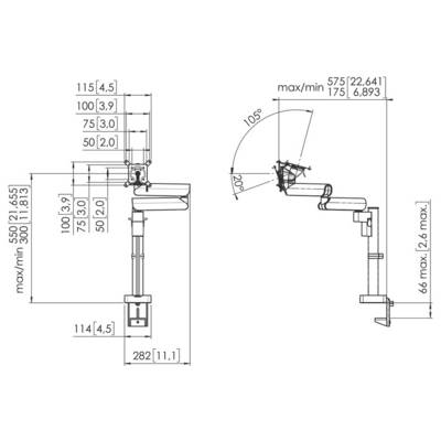 Technical diagram of an adjustable arm with detailed measurements in millimeters and inches, showing angles and dimensions for installation.