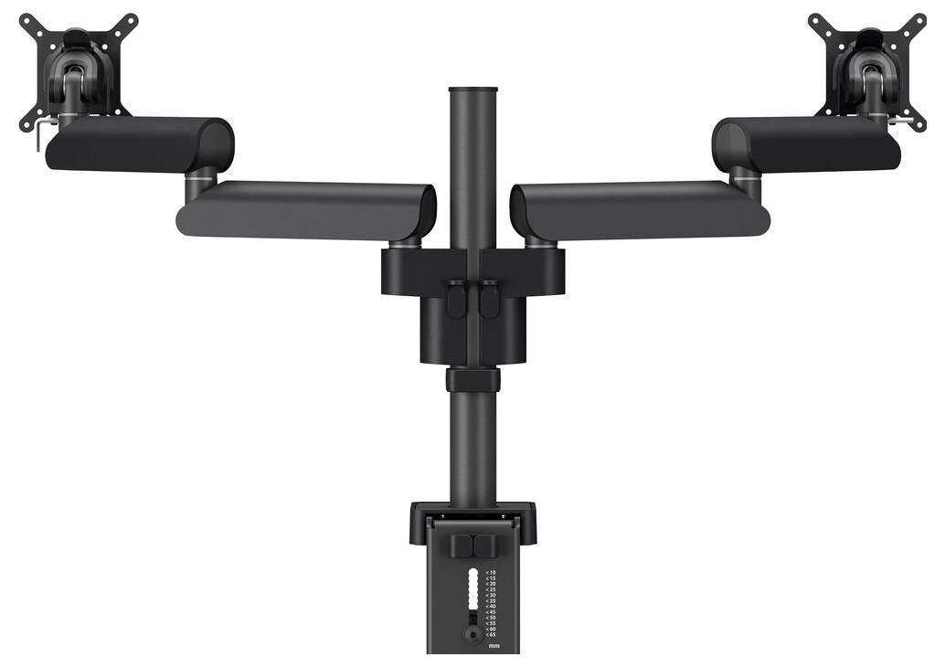 A dual monitor arm mount in black metal, with adjustable arms extending from a central column, designed to hold two monitors side by side.