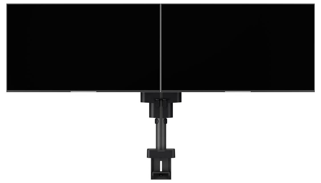 Dual black monitors mounted side by side on a single stand, viewed from the front, against a plain white background.