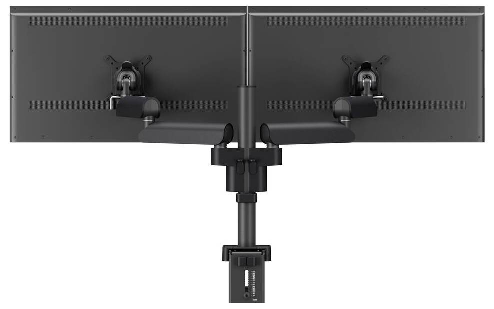 Dual monitor stand with adjustable arms viewed from the back, showing mounting brackets and cable management on a single pole base.