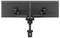 Dual monitor stand with adjustable arms viewed from the back, showing mounting brackets and cable management on a single pole base.