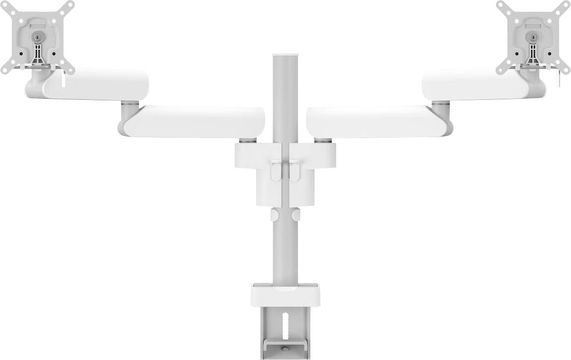 'Dual monitor arm stand, white, with adjustable arms and secure clamps for mounting two screens on a desk, promoting ergonomic efficiency.'