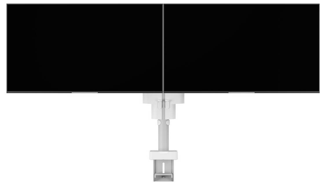 Dual black monitors mounted on a single white stand, viewed from the front, representing office or tech setup.