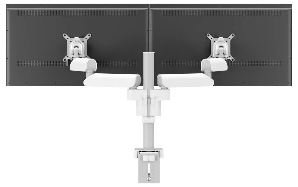 A dual monitor arm mount system viewed from the back, showing adjustable brackets and arms connected to a central support pole.