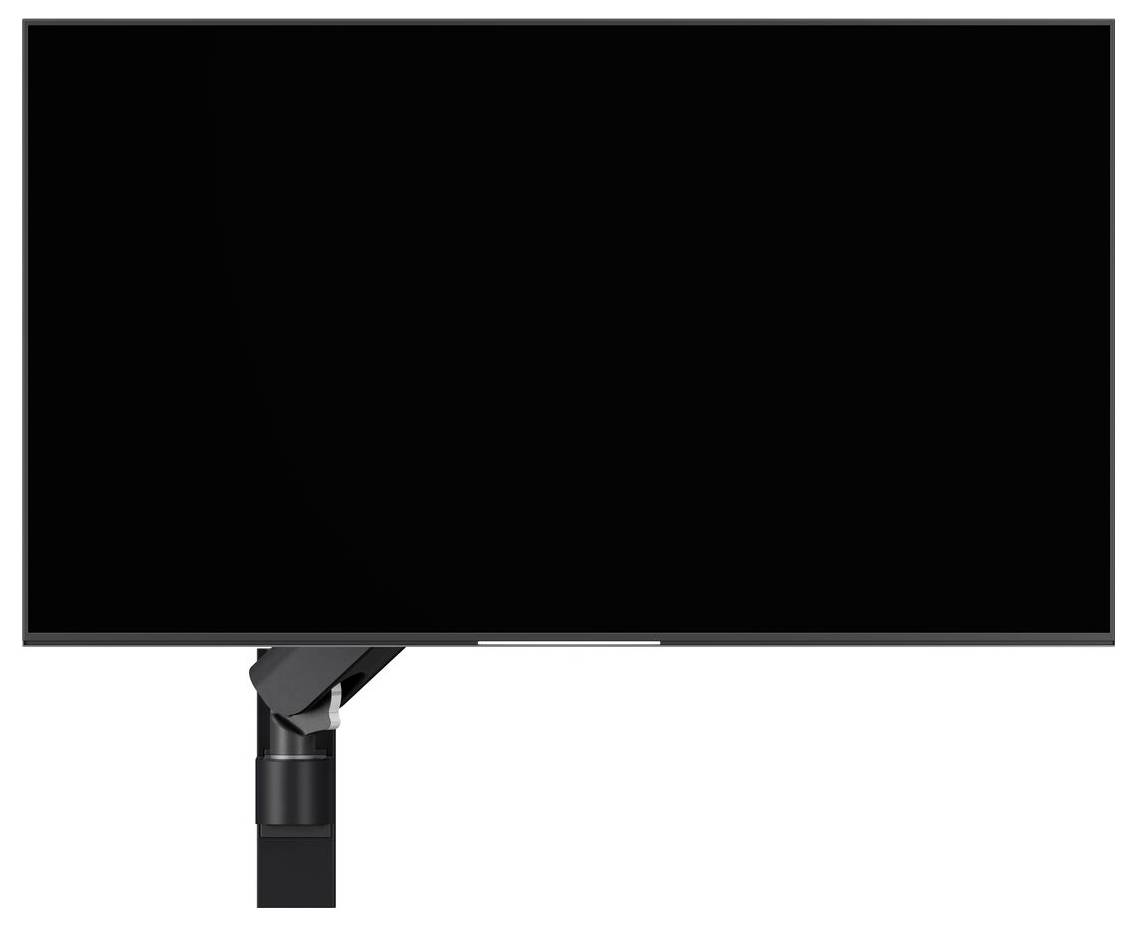 A black monitor screen mounted on an adjustable arm.
