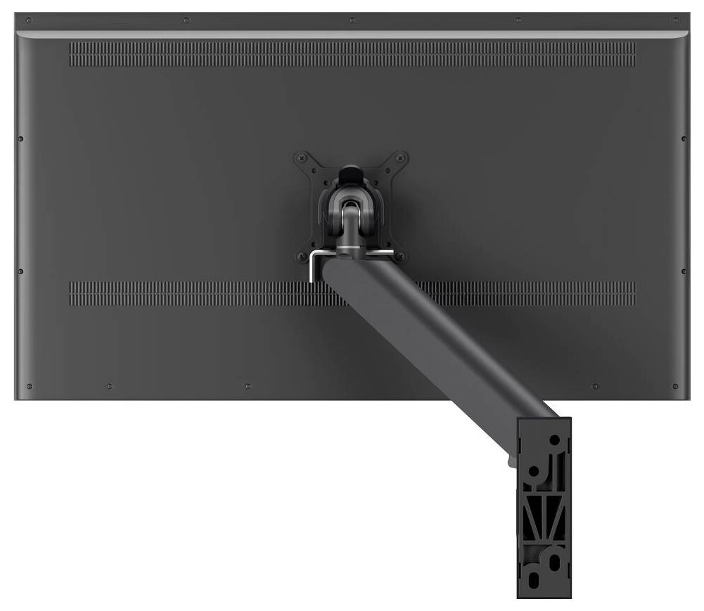 A flat-screen monitor viewed from the back, mounted on a black adjustable arm extending from the wall, showing the attachment mechanism.