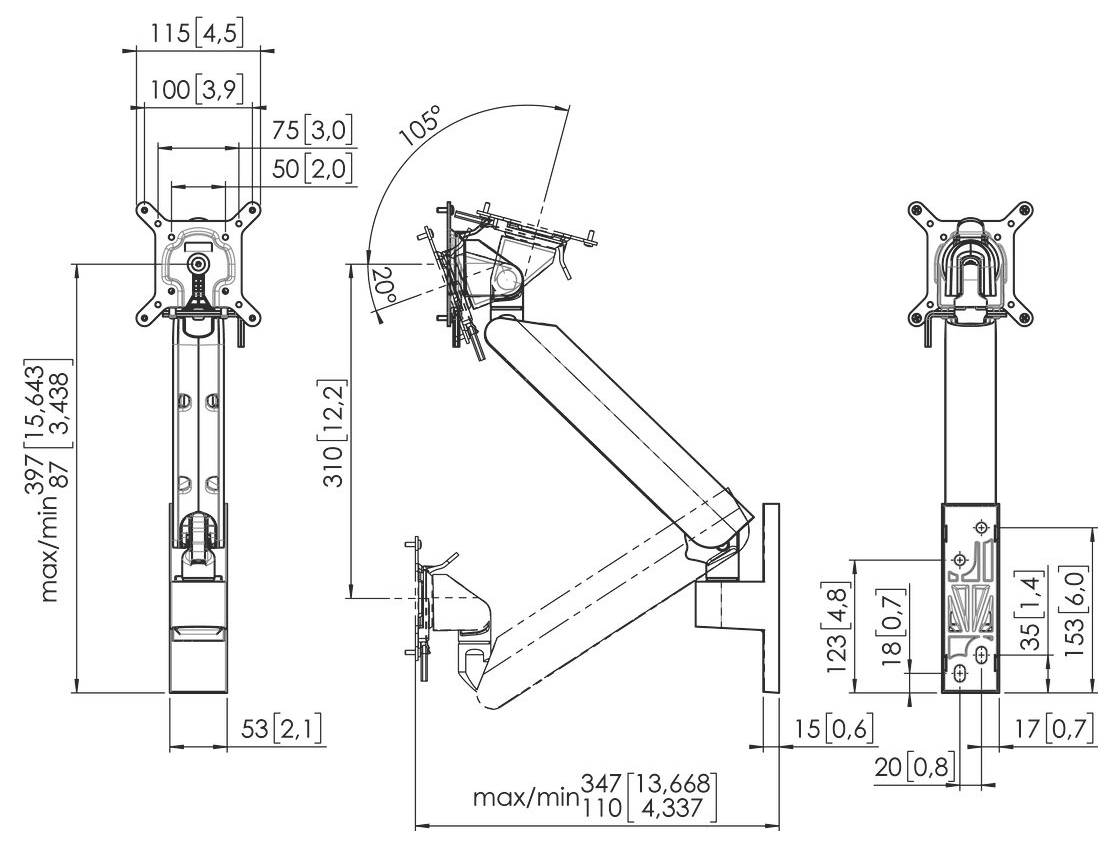 A detailed technical diagram of an adjustable monitor arm. Shows measurements, angles, and part assembly for installation and positioning.