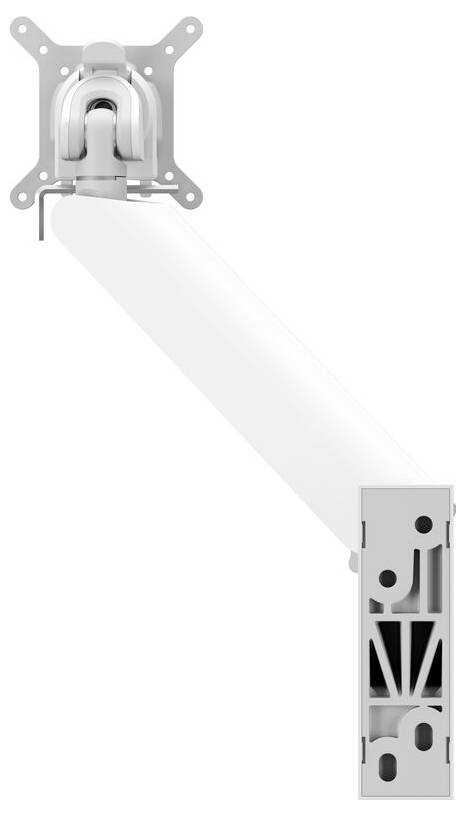 A silver and white adjustable monitor arm with a bracket for mounting, viewed from above, showcasing its sleek, modern design.
