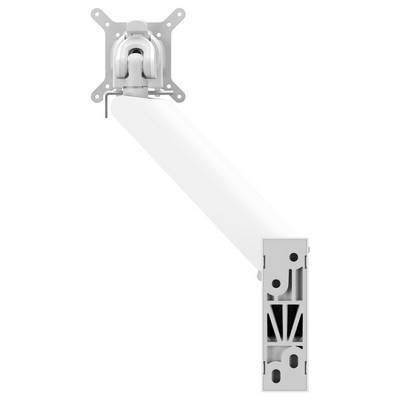 A silver and white adjustable monitor arm with a bracket for mounting, viewed from above, showcasing its sleek, modern design.