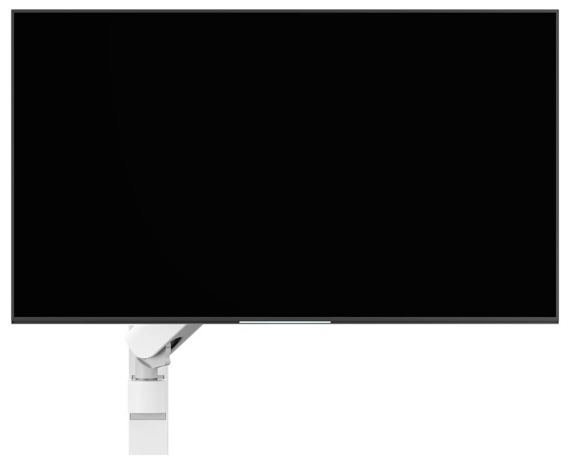 A blank black screen mounted on a white adjustable arm.