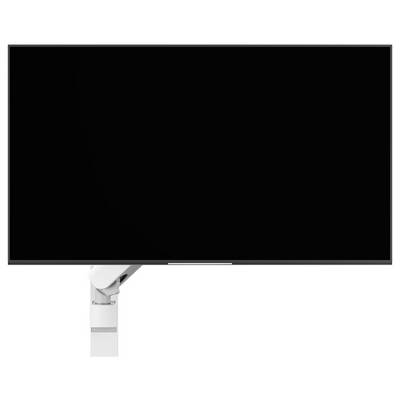 A blank black screen mounted on a white adjustable arm.