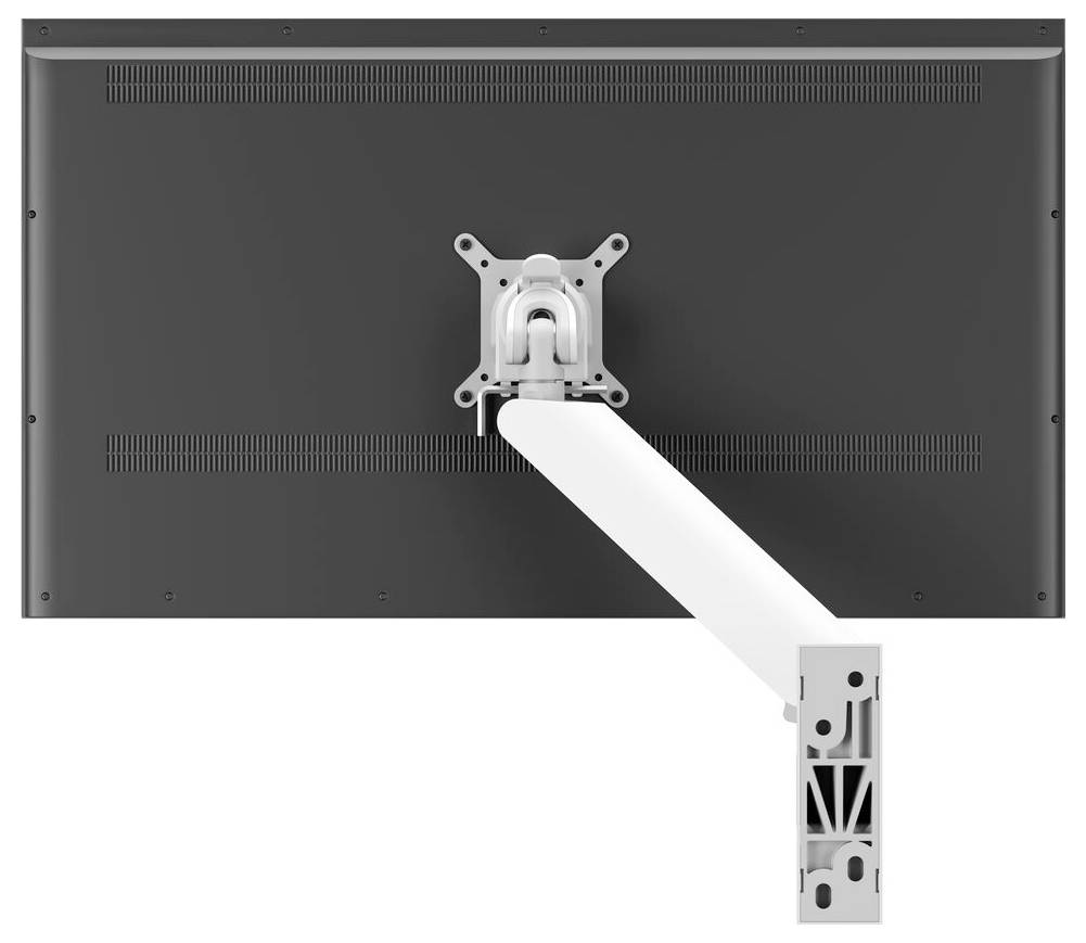 A monitor attached to a white adjustable wall mount arm, viewed from the back, showing the mounting mechanism and ventilation slits.