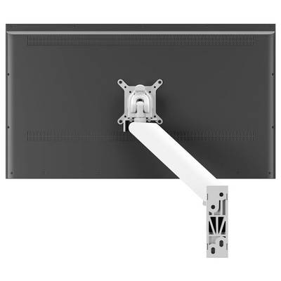 A monitor attached to a white adjustable wall mount arm, viewed from the back, showing the mounting mechanism and ventilation slits.