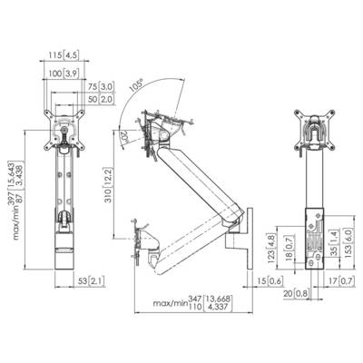 Technical diagram of an adjustable monitor arm with detailed measurements in millimeters and inches, showing its rotational angles and mounting options.