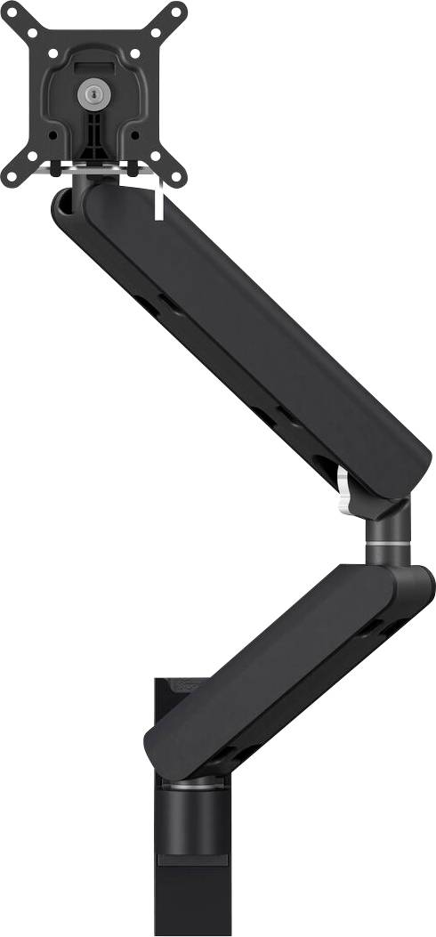 A black adjustable monitor arm featuring multiple joints for flexible positioning, suitable for ergonomic desk setups.
