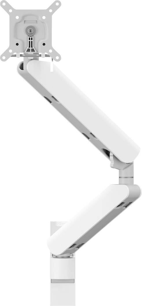 A white adjustable monitor arm with multiple joints, designed for ergonomic positioning of computer screens or monitors.