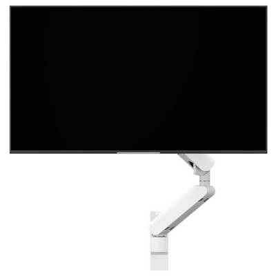 A black computer monitor mounted on an adjustable white arm, against a plain background.