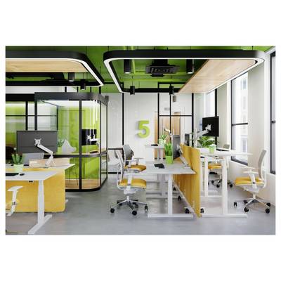 Modern office with green accents, featuring open workstations and ergonomic chairs. Number '5' displayed on the wall indicates section.