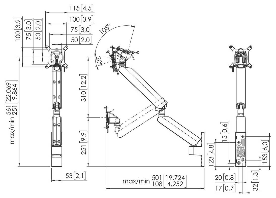 Technical diagram showing dimensions and angles of an adjustable monitor arm. Key measurements are labeled in millimeters and inches.