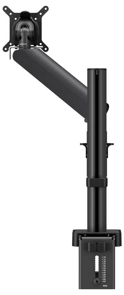 Adjustable black monitor stand with a vertical support structure and extendable arm for customizable screen positioning.