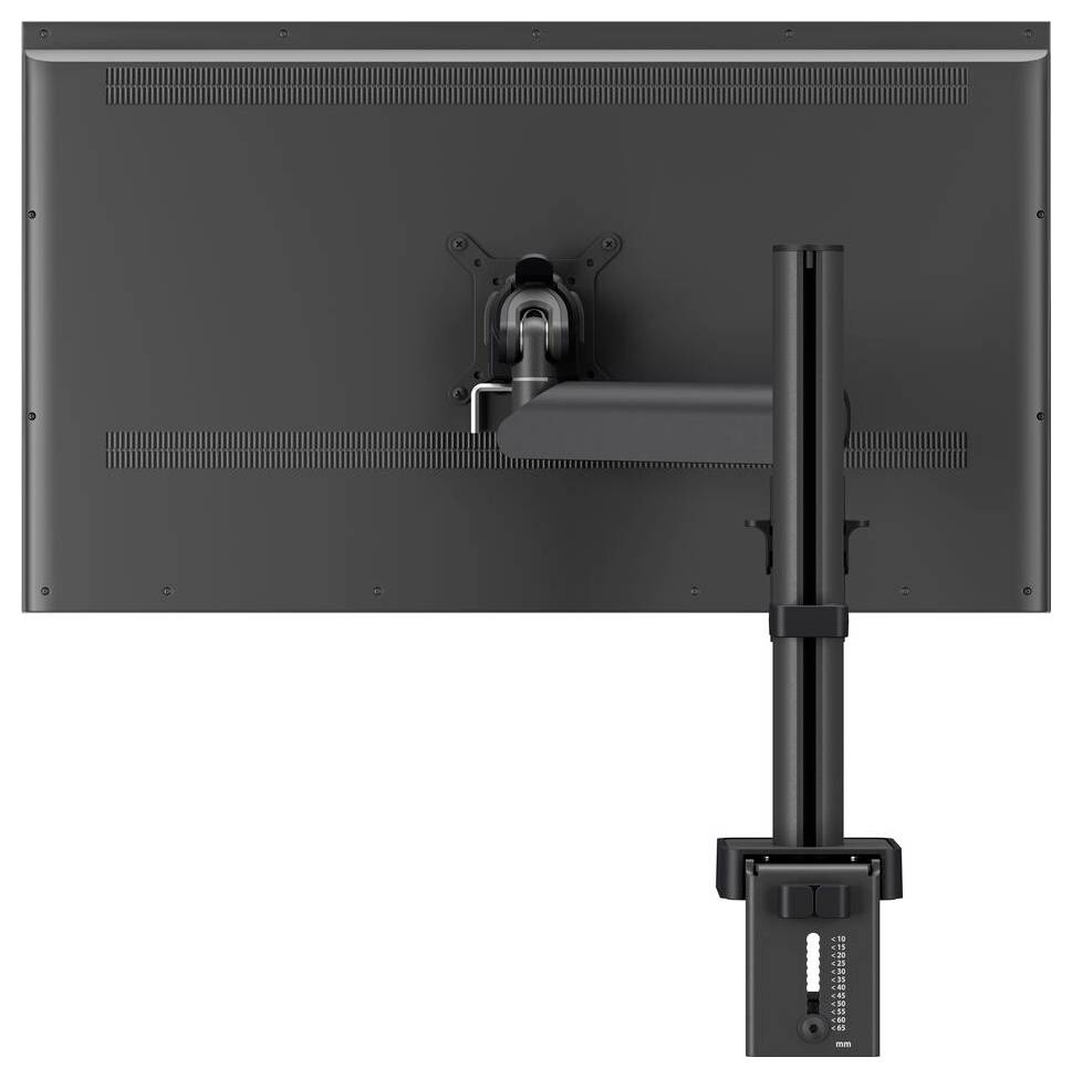 A black computer monitor mounted on an adjustable stand viewed from the back, highlighting the support arm and cable management features.