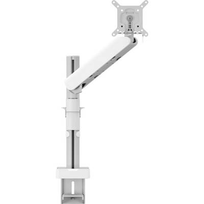 A white adjustable monitor arm featuring a clamp base and swivel head, allowing for flexible screen positioning on a desk.