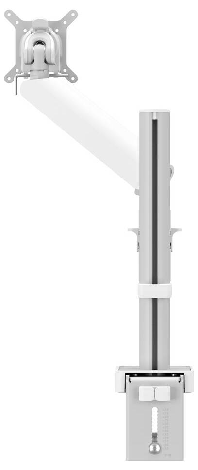 An adjustable white and metallic monitor arm designed for desk mounting, featuring a clamp at the base and a swivel joint for screen positioning.