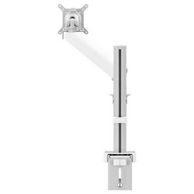 An adjustable white and metallic monitor arm designed for desk mounting, featuring a clamp at the base and a swivel joint for screen positioning.