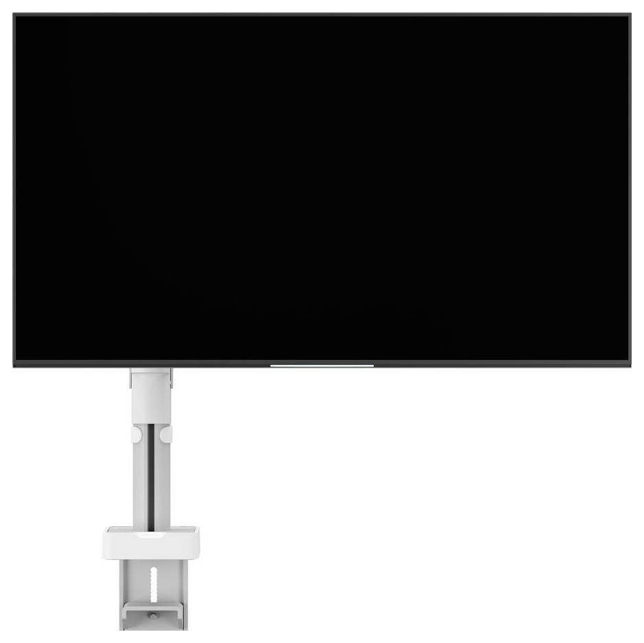 A large, flat-screen monitor is mounted on a vertical adjustable arm with a cable management clip. The screen is black, displaying no content.