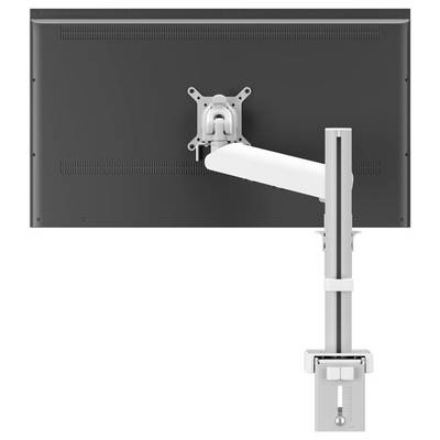 A black monitor attached to a white adjustable arm mounted on a desk bracket, viewed from the back, showing its ergonomic mounting solution.
