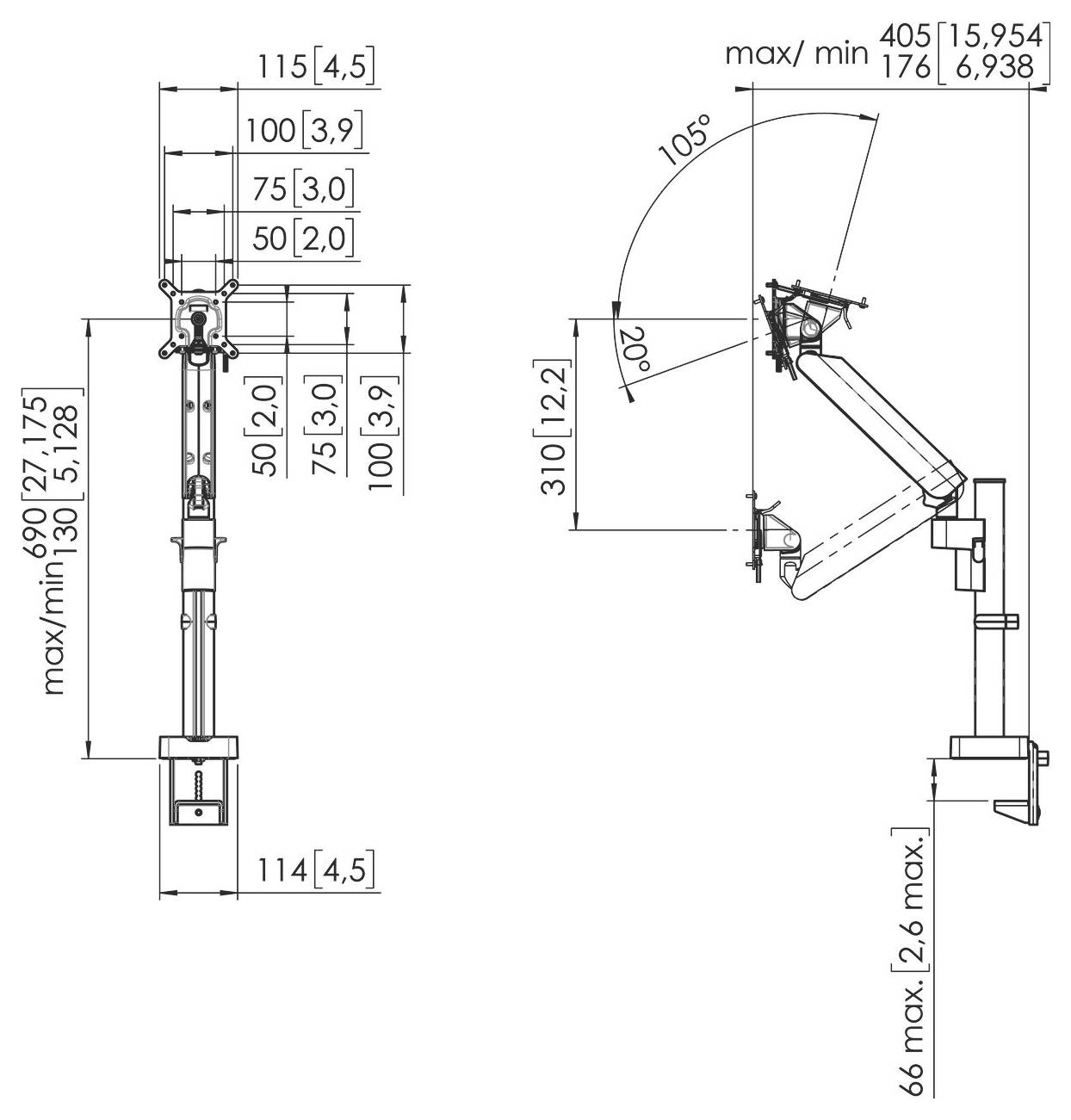 'Mechanical drawing of an adjustable arm mount. Dimensions and rotation angles noted. Maximum height: 690mm, minimum: 130mm. Rotation: 105° and 22°.'