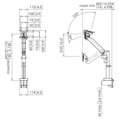 'Mechanical drawing of an adjustable arm mount. Dimensions and rotation angles noted. Maximum height: 690mm, minimum: 130mm. Rotation: 105° and 22°.'