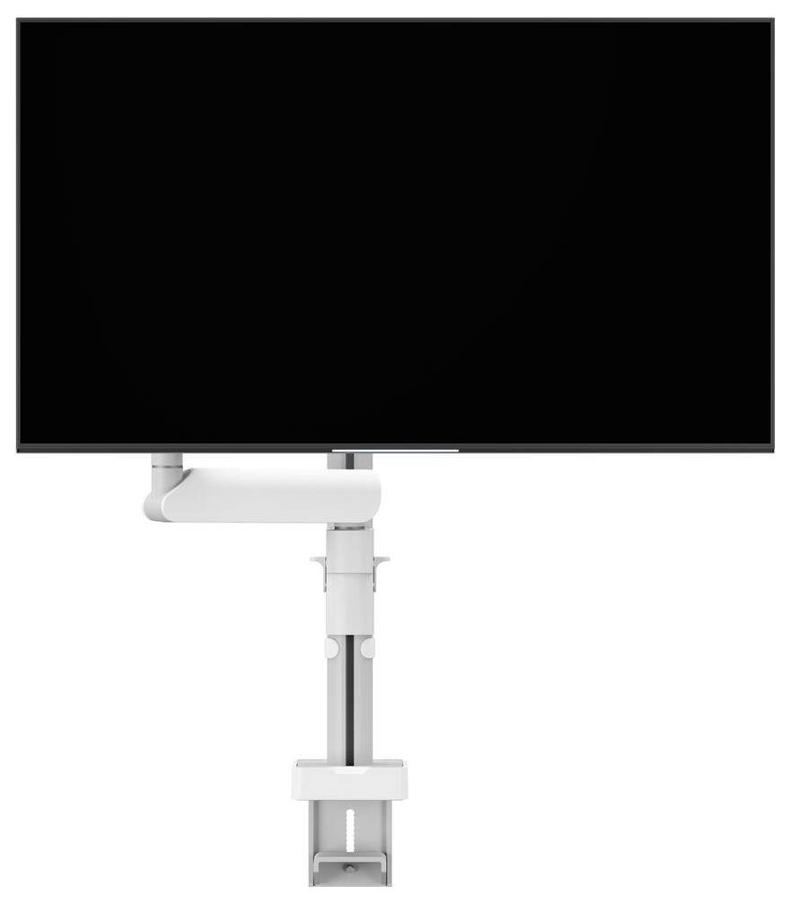 A large flat-screen monitor mounted on a sleek, white adjustable desk arm with a clamp for attachment to a desk or table.