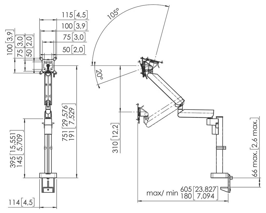 Technical drawing of a dual-arm monitor mount with various dimensions labeled in millimeters and inches, showing adjustability and installation details.