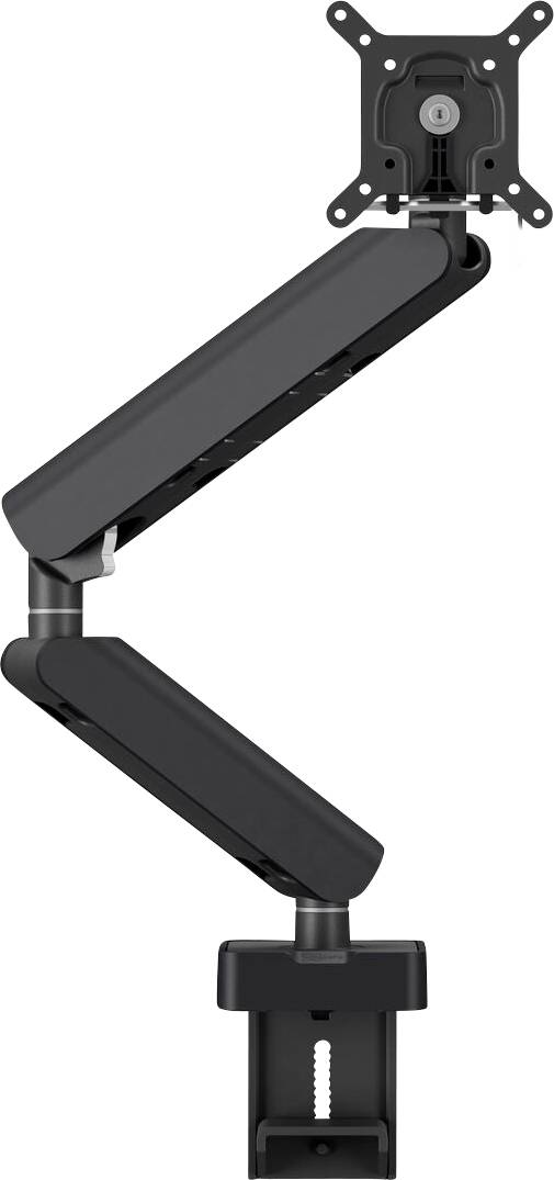 A black adjustable monitor arm with multiple joints and a mounting bracket, designed for ergonomic positioning of computer screens.