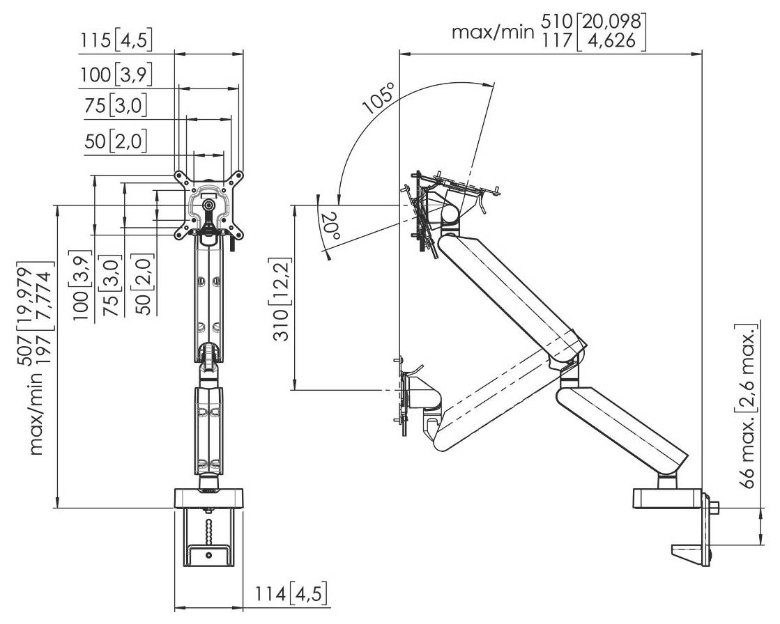 Technical diagram of an adjustable monitor arm showing dimensions, angle of adjustment, and mounting details.