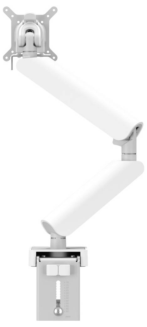 Adjustable white monitor arm with two joints, allowing for flexible positioning. Mounted on a silver base, suitable for office setups.
