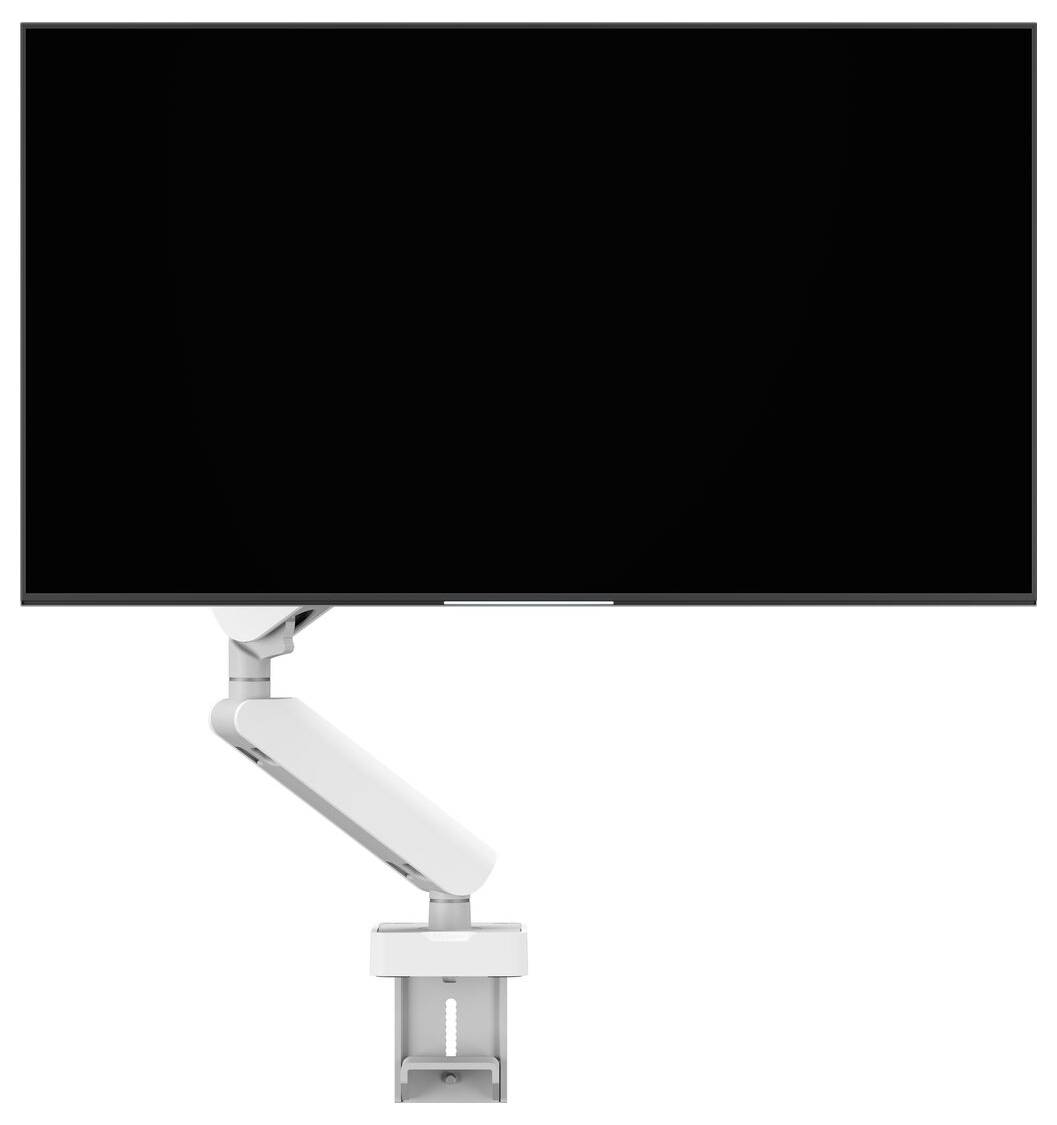 A monitor with a black screen is mounted on a sleek, white adjustable arm, designed for flexible positioning on a desk.