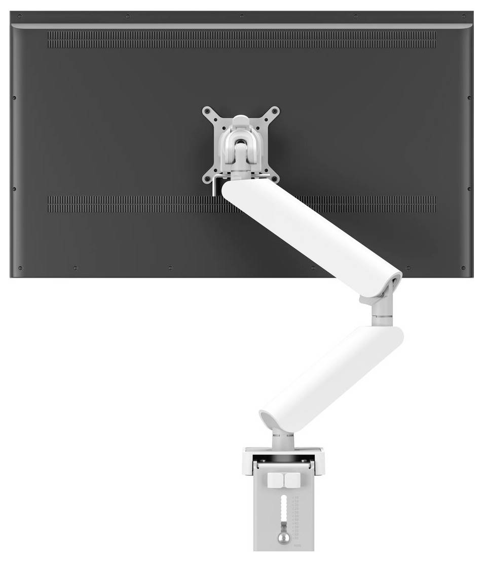 A white, adjustable monitor arm mounted to the back of a black screen. The arm shows multiple joints for flexible positioning.