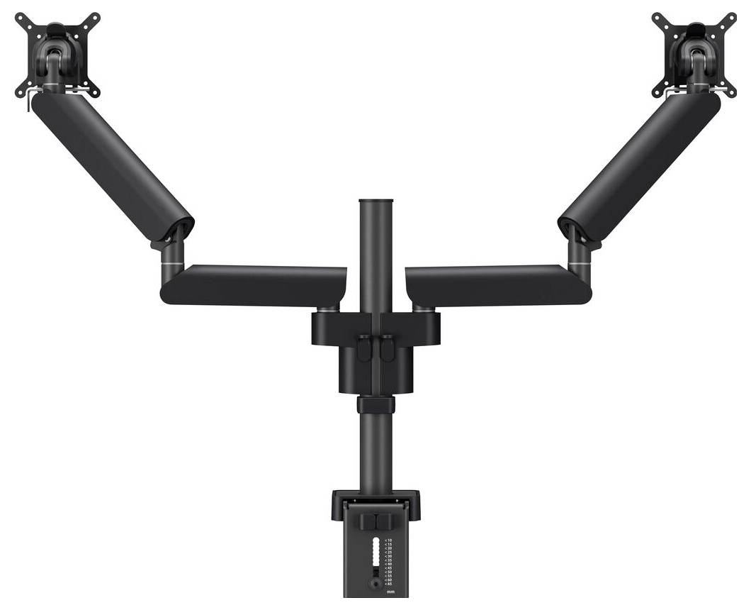 A dual monitor stand with adjustable arms, allowing for flexible positioning of two computer screens, supported by a single central pole.