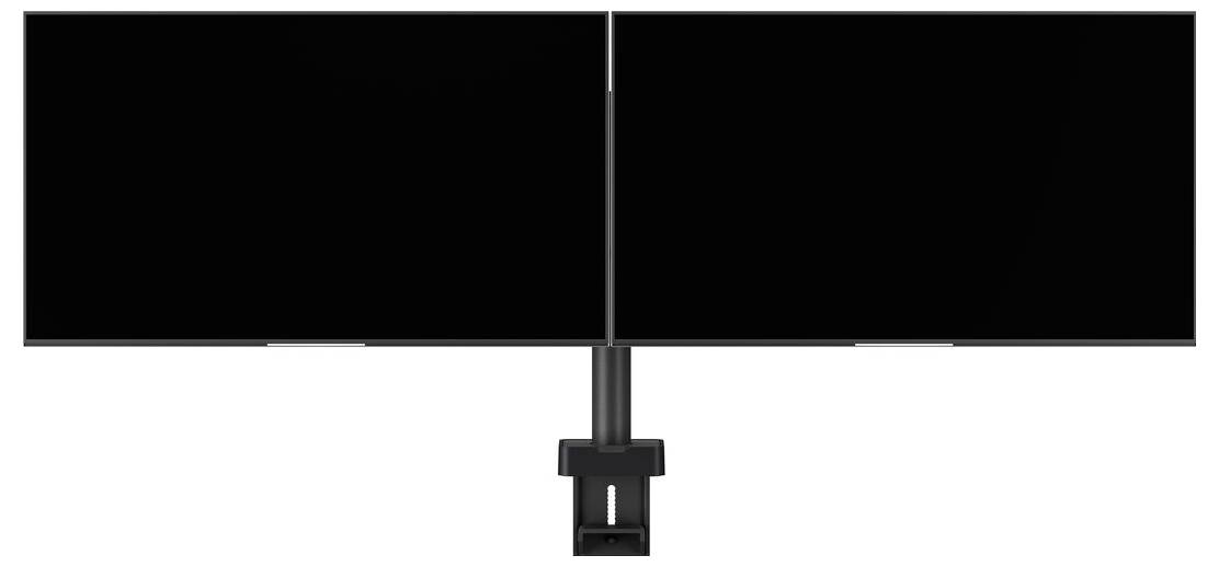 Two black flat-screen monitors mounted on a dual stand against a plain background.