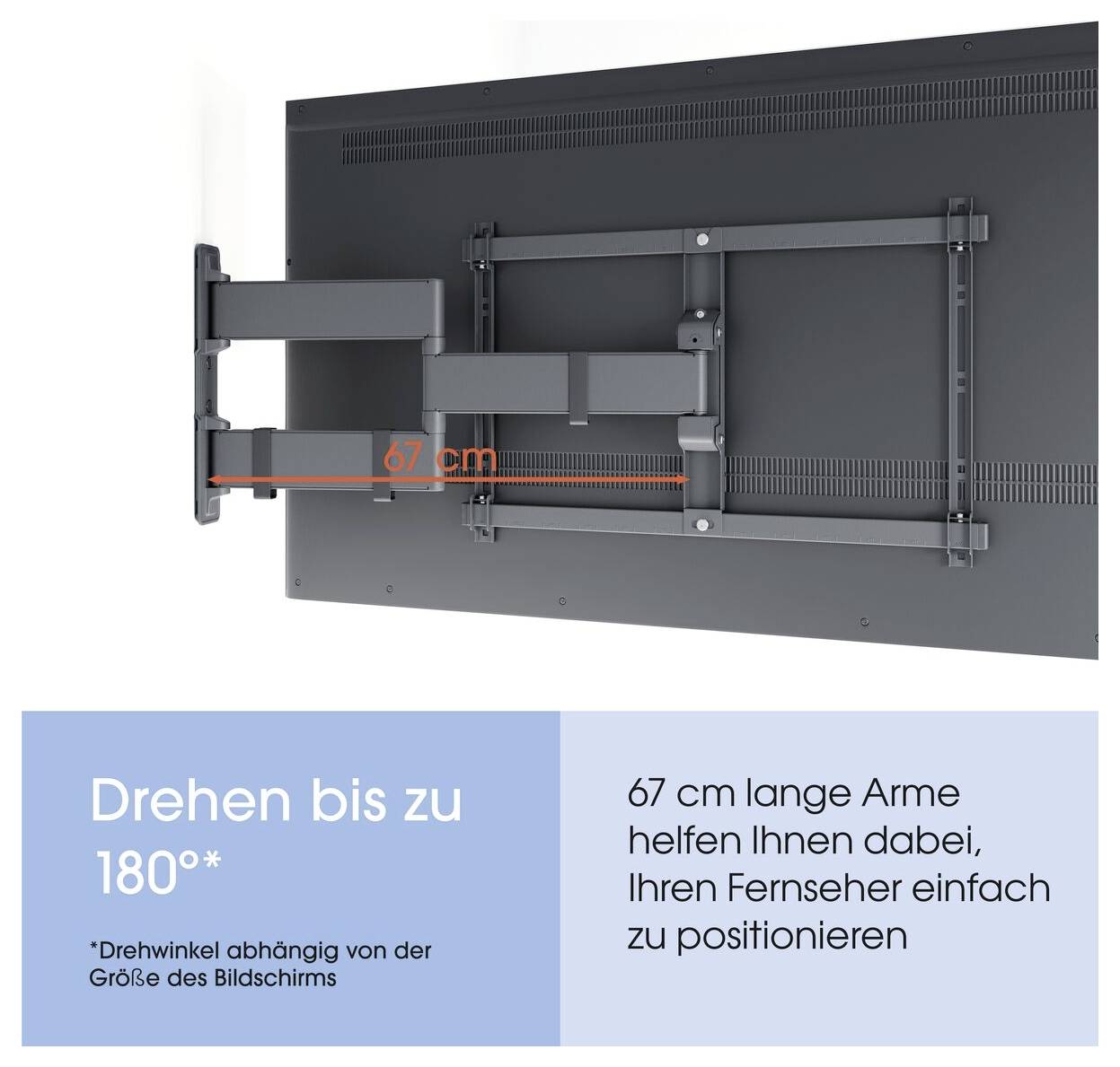The image shows a TV wall mount with 67 cm long adjustable arms, allowing for swivel angles up to 180 degrees, depending on screen size.