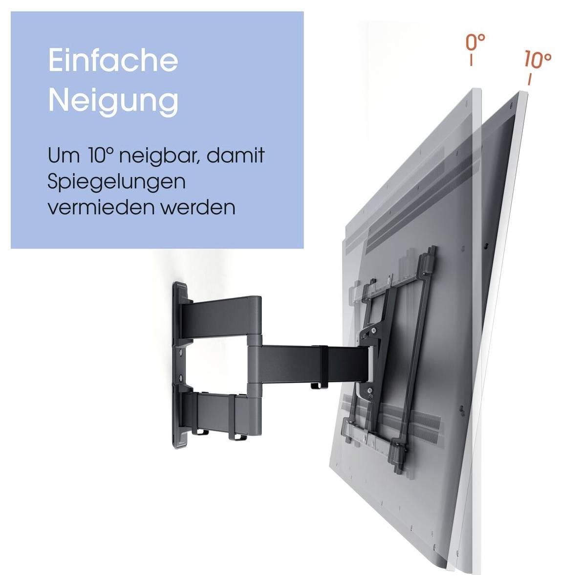 Wall mount allows a TV to tilt 10° for optimal viewing and glare reduction, with a visual showing the adjustable angle range. Text in German explains feature.