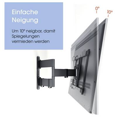 Wall mount allows a TV to tilt 10° for optimal viewing and glare reduction, with a visual showing the adjustable angle range. Text in German explains feature.