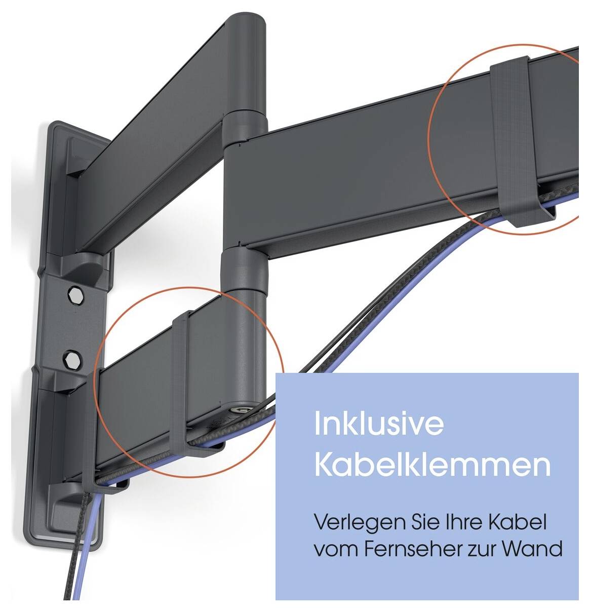 A TV wall mount with cable clamps shows how cables can be neatly managed from the TV to the wall, highlighting its organizational feature.