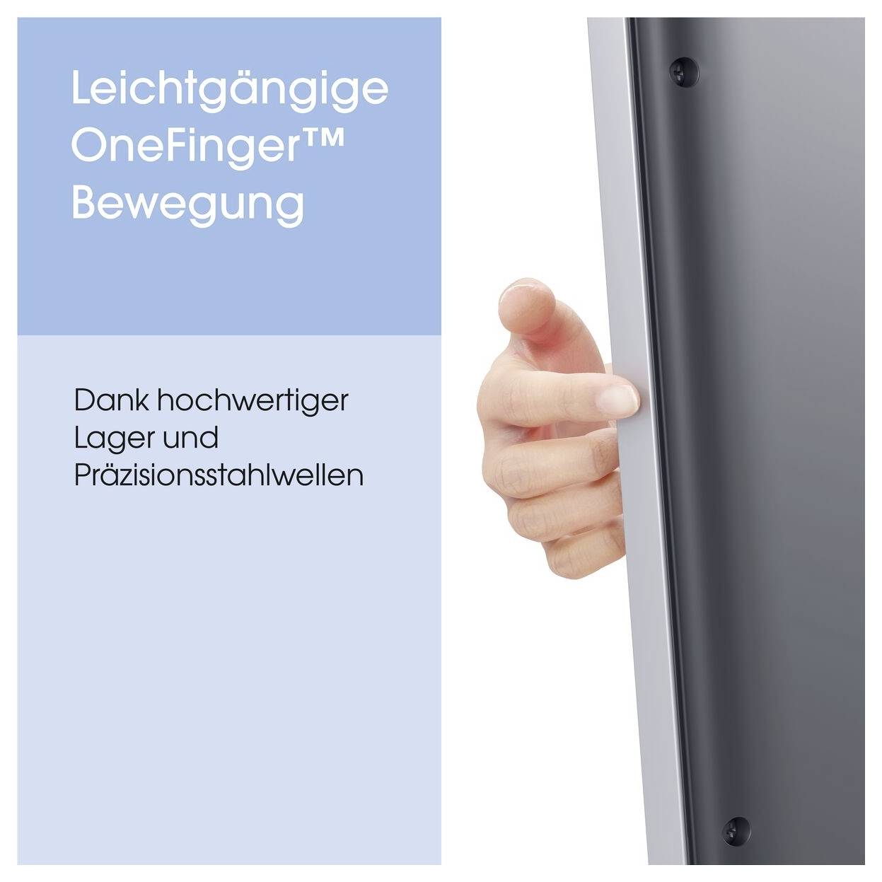 A hand gently presses a door with ease. The image highlights 'Leichtgängige OneFinger™ Bewegung', showcasing smooth operation with quality components.