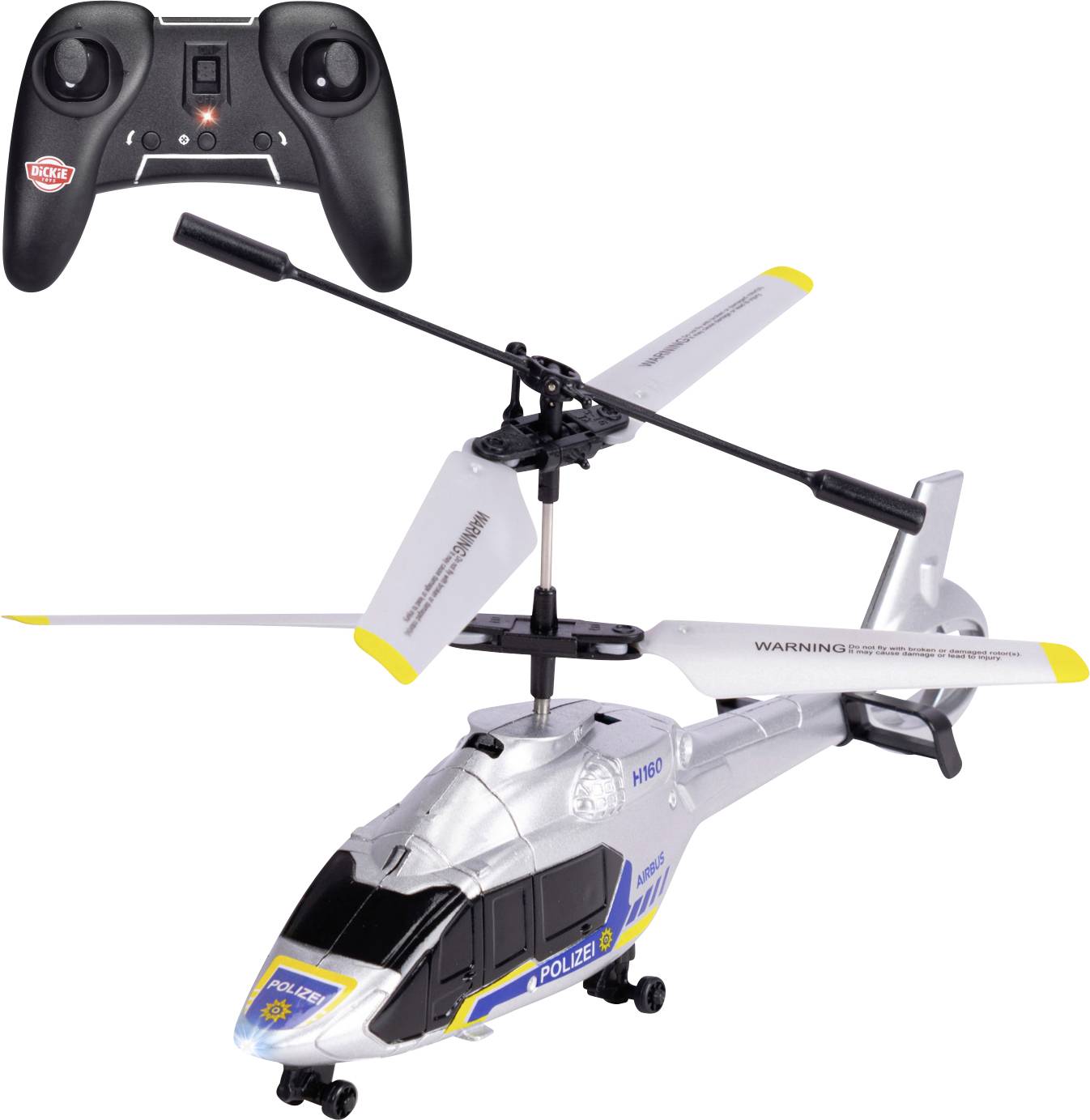 A remote-controlled toy police helicopter with a black controller, featuring white and yellow detailing and 'POLICE' text on the side.