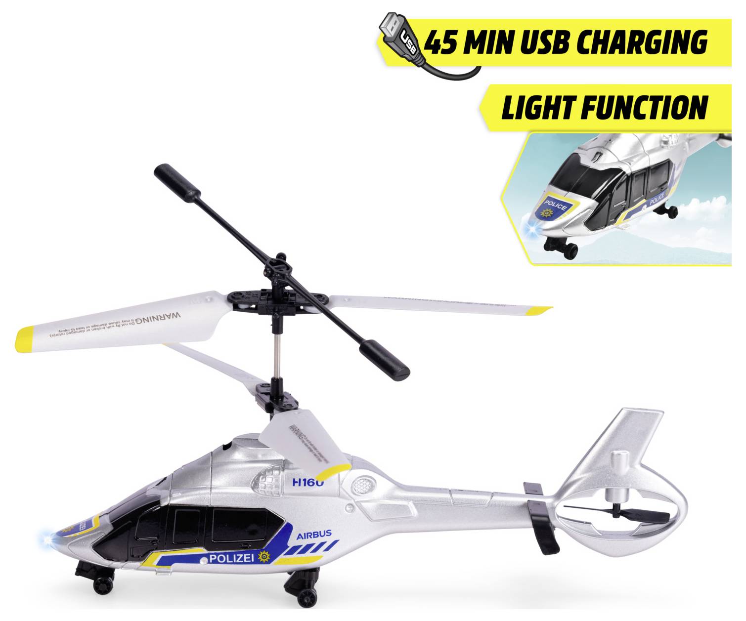 A toy helicopter labeled 'POLIZEI Airbus H160' features light function, USB charging aid, and a metallic finish.